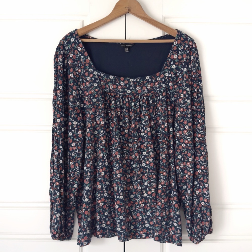Lucky Brand Floral Babydoll Tunic Top XXL Blue Peasant Feminine Square Neck Boho